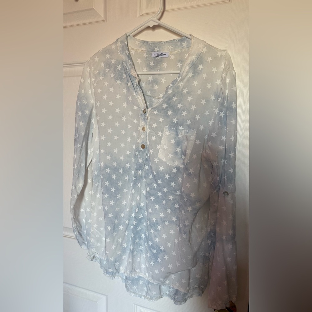 Star Print Button-Down Blouse - Light Blue/White